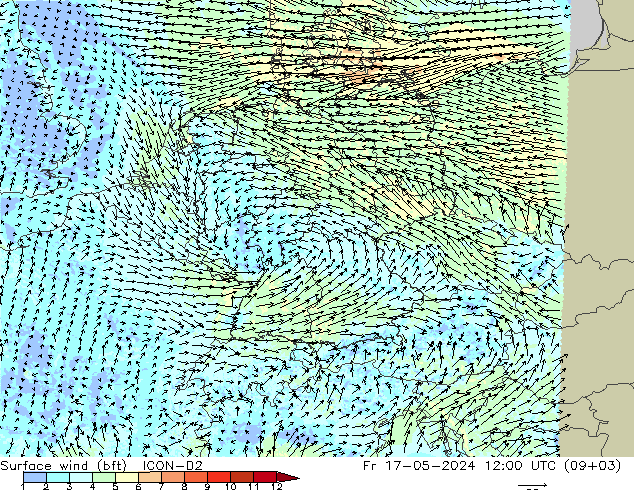 Surface wind (bft) ICON-D2 Pá 17.05.2024 12 UTC