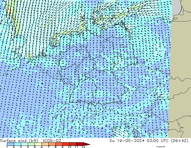Surface wind (bft) ICON-D2 Su 19.05.2024 03 UTC