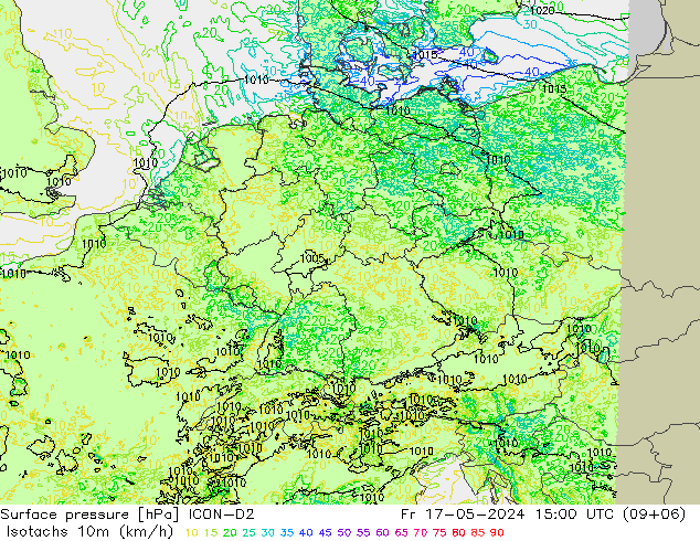 Isotachs (kph) ICON-D2 Pá 17.05.2024 15 UTC