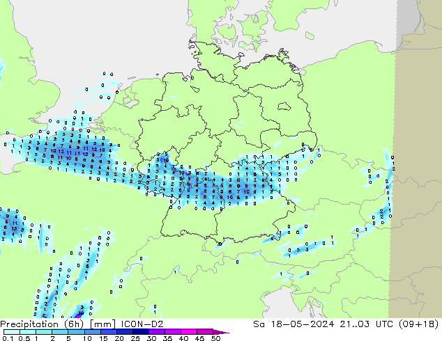 Precipitation (6h) ICON-D2 Sa 18.05.2024 03 UTC