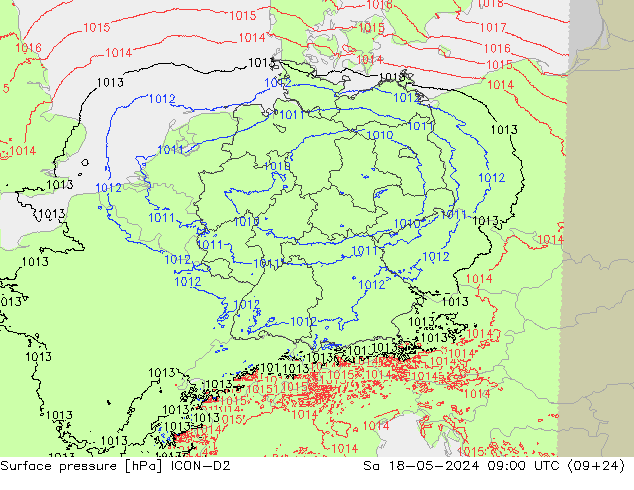 Atmosférický tlak ICON-D2 So 18.05.2024 09 UTC