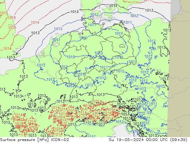 Atmosférický tlak ICON-D2 Ne 19.05.2024 00 UTC