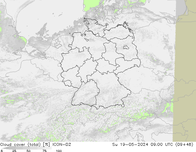 nuvens (total) ICON-D2 Dom 19.05.2024 09 UTC