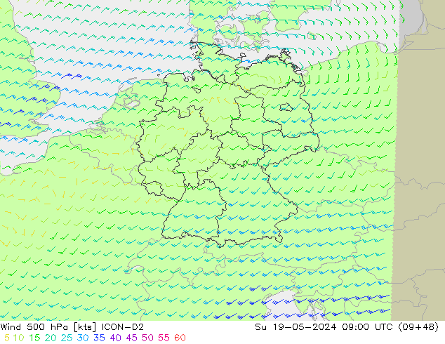 Wind 500 hPa ICON-D2 Su 19.05.2024 09 UTC