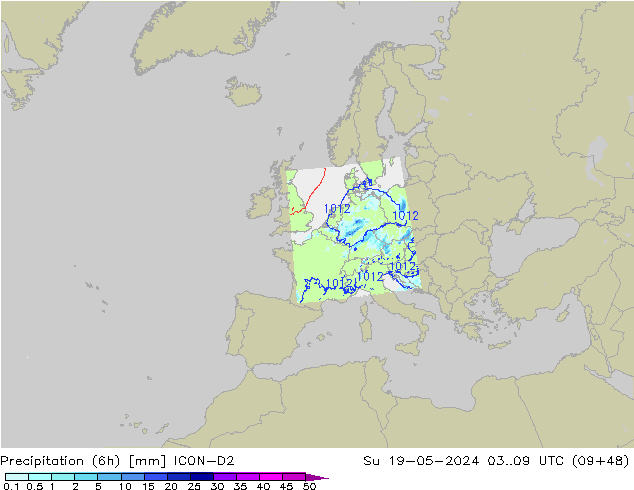 Precipitation (6h) ICON-D2 Su 19.05.2024 09 UTC