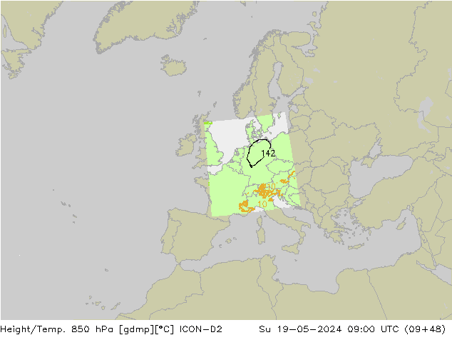 Yükseklik/Sıc. 850 hPa ICON-D2 Paz 19.05.2024 09 UTC