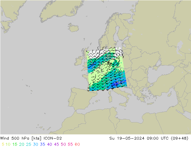 Rüzgar 500 hPa ICON-D2 Paz 19.05.2024 09 UTC