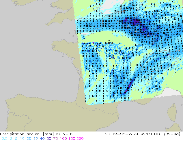 Precipitation accum. ICON-D2 Вс 19.05.2024 09 UTC