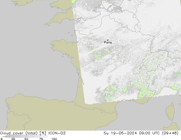 Cloud cover (total) ICON-D2 Su 19.05.2024 09 UTC