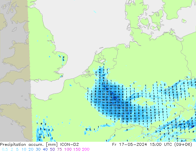 Precipitation accum. ICON-D2 Fr 17.05.2024 15 UTC