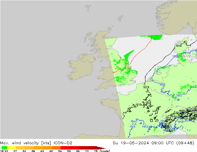 Max. wind velocity ICON-D2 dim 19.05.2024 09 UTC
