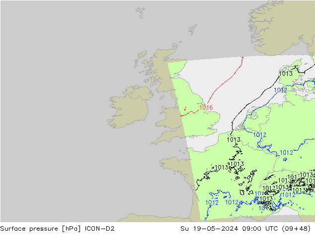 Presión superficial ICON-D2 dom 19.05.2024 09 UTC