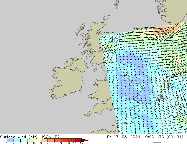 Viento 10 m (bft) ICON-D2 vie 17.05.2024 10 UTC