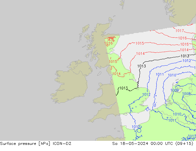 Presión superficial ICON-D2 sáb 18.05.2024 00 UTC