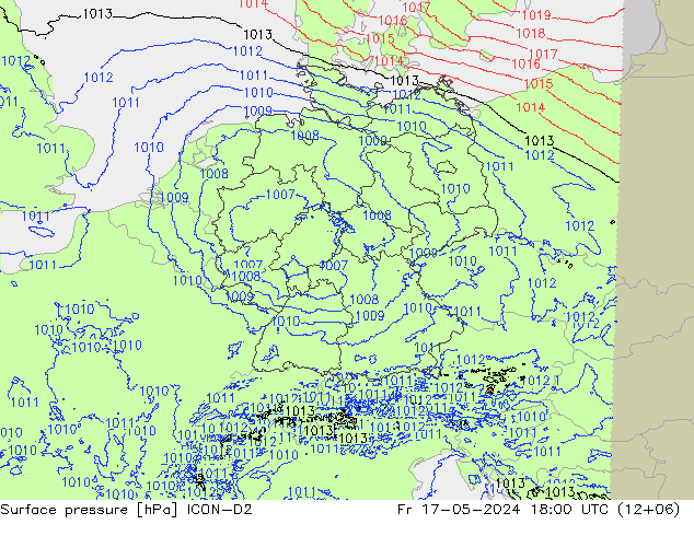 Atmosférický tlak ICON-D2 Pá 17.05.2024 18 UTC