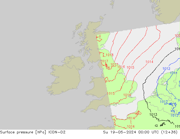 Presión superficial ICON-D2 dom 19.05.2024 00 UTC