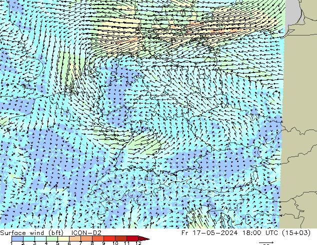 Surface wind (bft) ICON-D2 Fr 17.05.2024 18 UTC