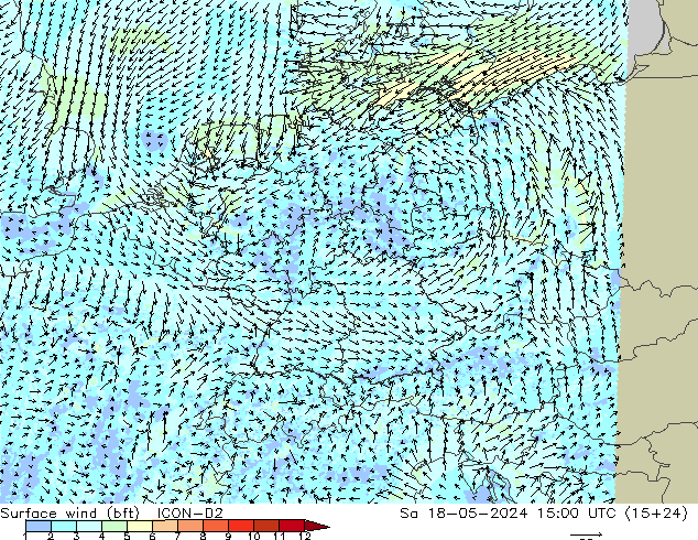 Surface wind (bft) ICON-D2 Sa 18.05.2024 15 UTC