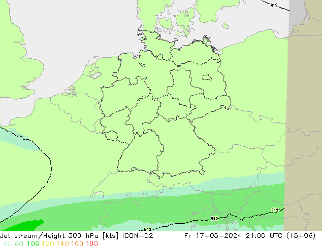 Jet stream/Height 300 hPa ICON-D2 Fr 17.05.2024 21 UTC