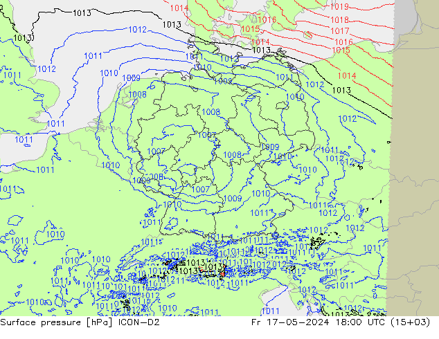 Presión superficial ICON-D2 vie 17.05.2024 18 UTC