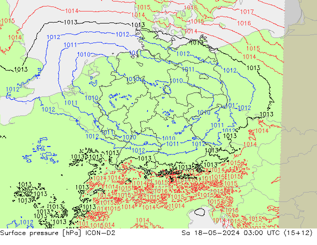 Pressione al suolo ICON-D2 sab 18.05.2024 03 UTC
