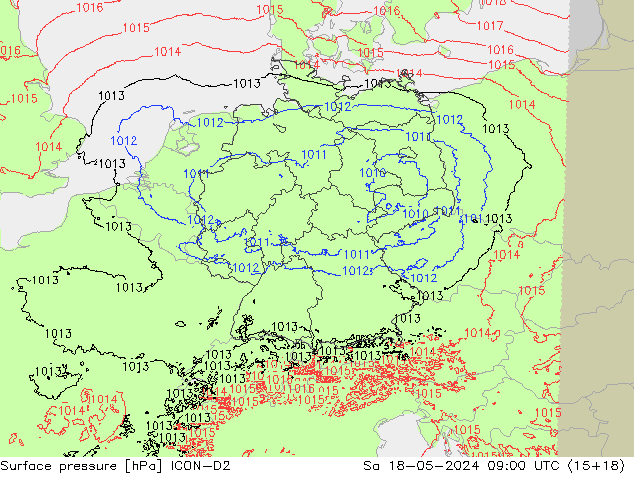 Atmosférický tlak ICON-D2 So 18.05.2024 09 UTC