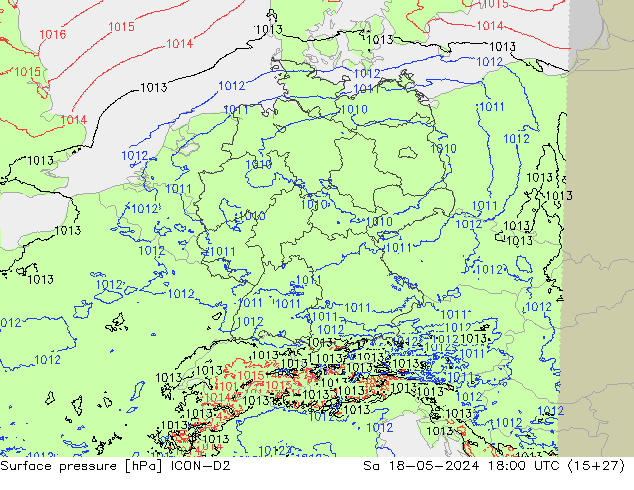 Pressione al suolo ICON-D2 sab 18.05.2024 18 UTC