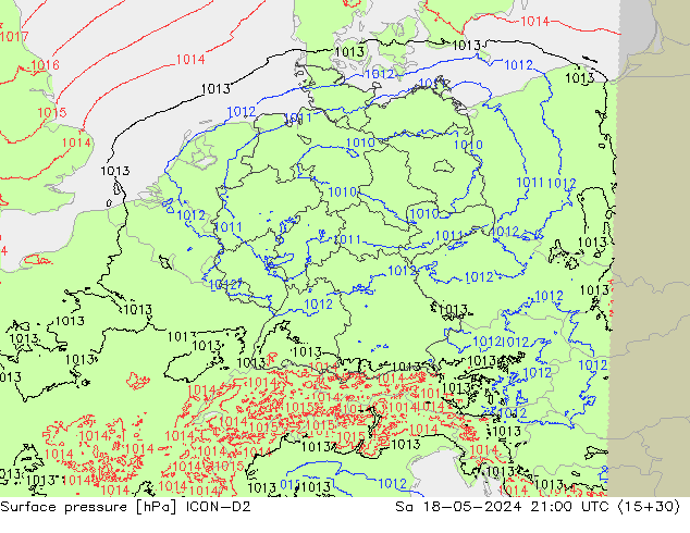 Atmosférický tlak ICON-D2 So 18.05.2024 21 UTC