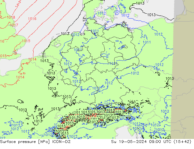Pressione al suolo ICON-D2 dom 19.05.2024 09 UTC