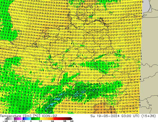 Sıcaklık Haritası (2m) ICON-D2 Paz 19.05.2024 03 UTC