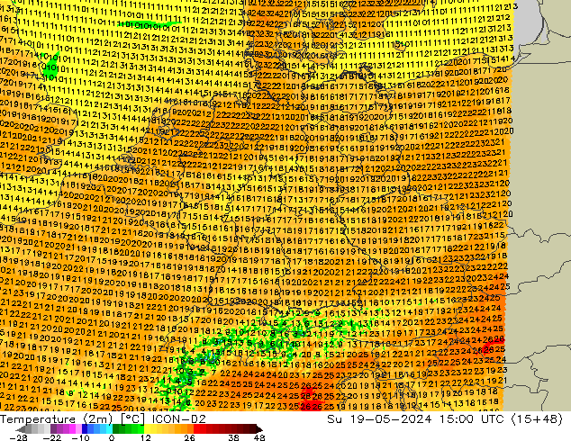 Temperatura (2m) ICON-D2 Dom 19.05.2024 15 UTC