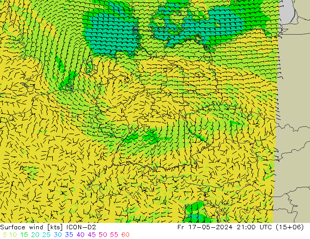 Surface wind ICON-D2 Fr 17.05.2024 21 UTC
