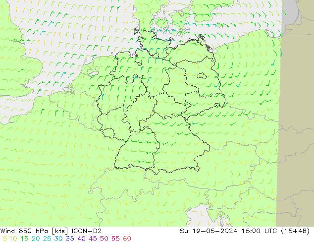 Vent 850 hPa ICON-D2 dim 19.05.2024 15 UTC