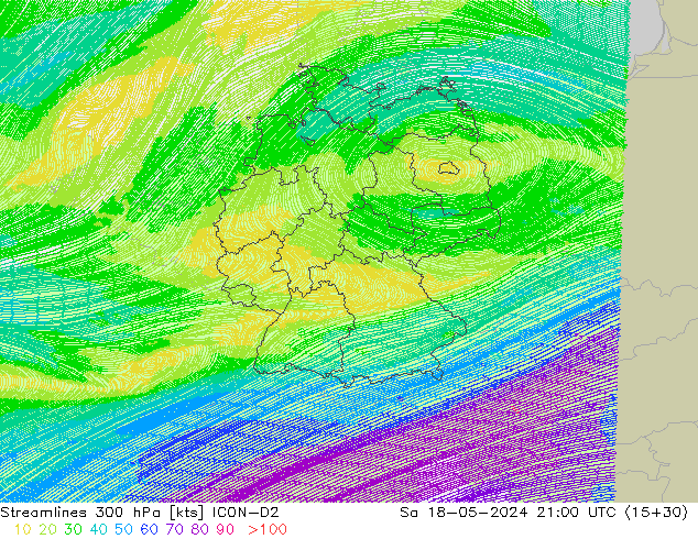 Streamlines 300 hPa ICON-D2 Sa 18.05.2024 21 UTC