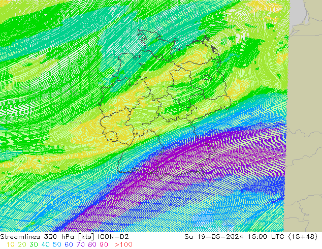 Streamlines 300 hPa ICON-D2 Su 19.05.2024 15 UTC