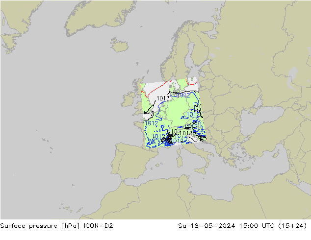 Presión superficial ICON-D2 sáb 18.05.2024 15 UTC