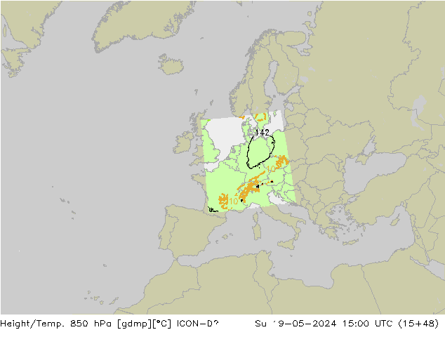 Hoogte/Temp. 850 hPa ICON-D2 zo 19.05.2024 15 UTC