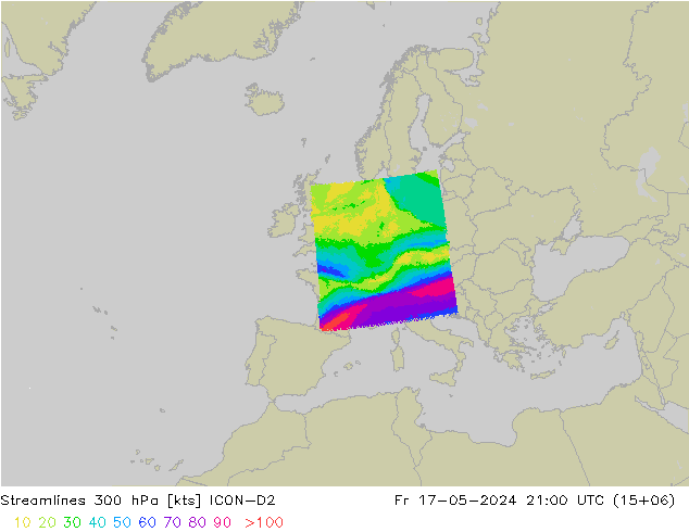 Rüzgar 300 hPa ICON-D2 Cu 17.05.2024 21 UTC