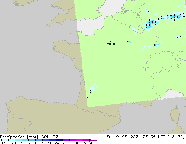 Srážky ICON-D2 Ne 19.05.2024 06 UTC