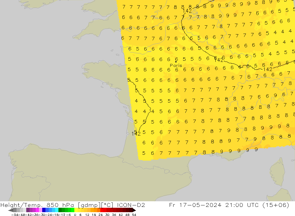 Height/Temp. 850 hPa ICON-D2 ven 17.05.2024 21 UTC