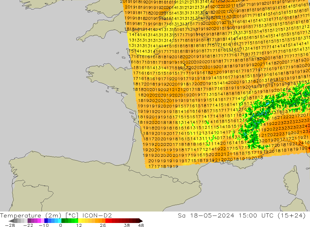 Temperature (2m) ICON-D2 Sa 18.05.2024 15 UTC