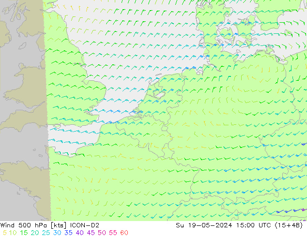 Vento 500 hPa ICON-D2 dom 19.05.2024 15 UTC