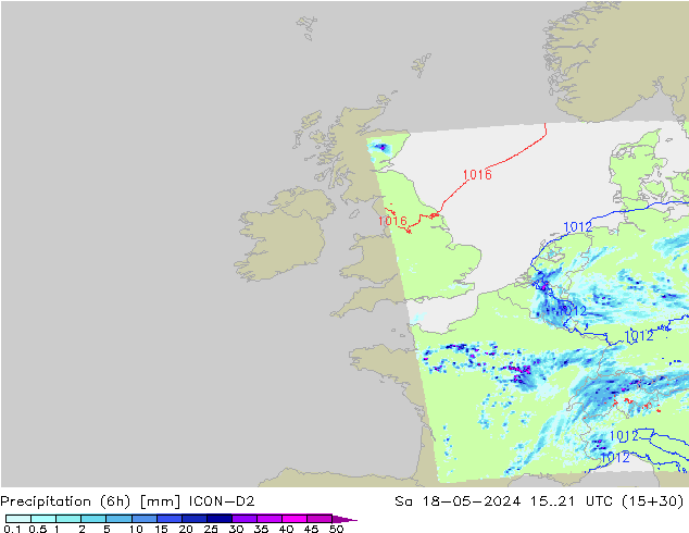 Totale neerslag (6h) ICON-D2 za 18.05.2024 21 UTC
