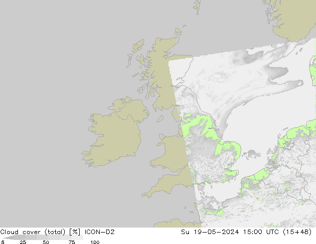 Cloud cover (total) ICON-D2 Su 19.05.2024 15 UTC