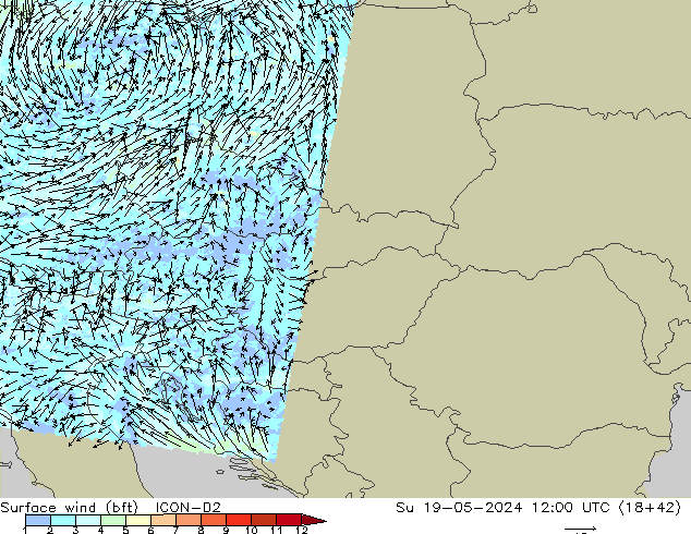 Surface wind (bft) ICON-D2 Ne 19.05.2024 12 UTC