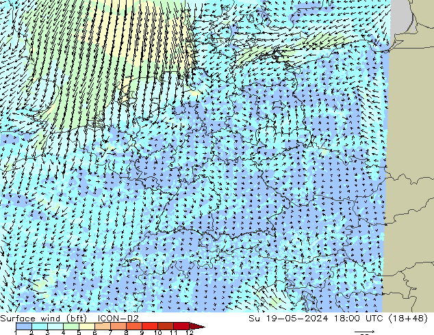 Surface wind (bft) ICON-D2 Su 19.05.2024 18 UTC