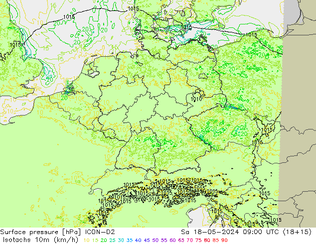 Eşrüzgar Hızları (km/sa) ICON-D2 Cts 18.05.2024 09 UTC