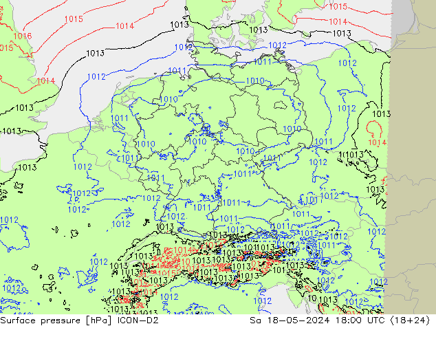 地面气压 ICON-D2 星期六 18.05.2024 18 UTC