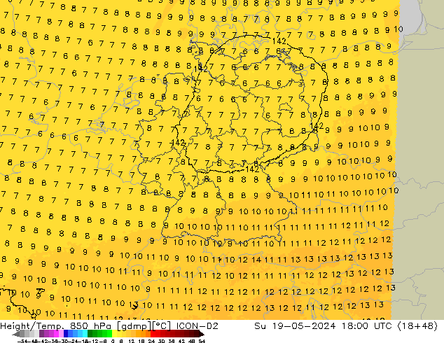 Géop./Temp. 850 hPa ICON-D2 dim 19.05.2024 18 UTC