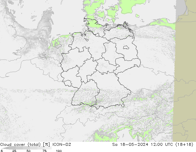 Bewolking (Totaal) ICON-D2 za 18.05.2024 12 UTC